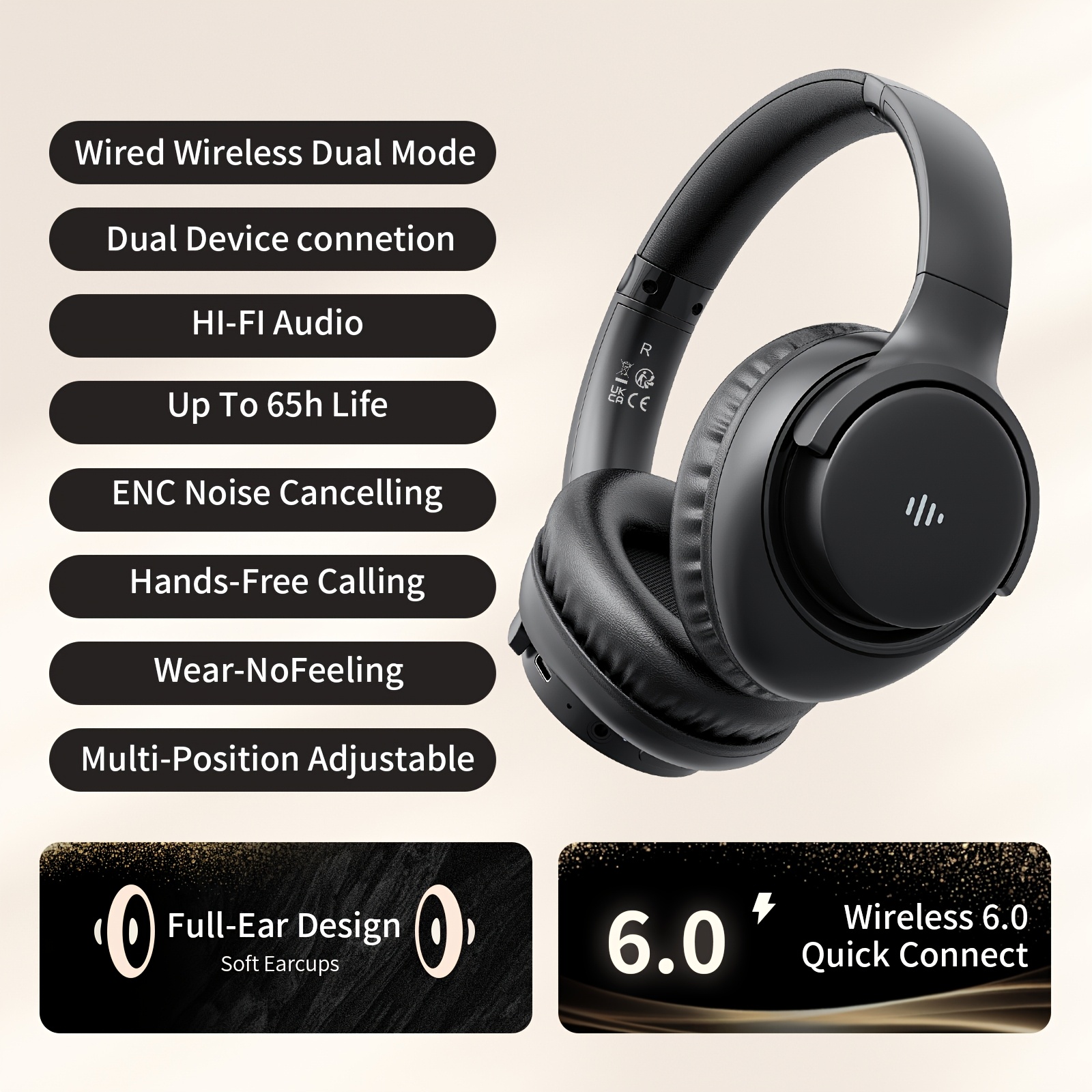 TEMU Wireless Over-ear Headphones, Rich , Hifi Stereo, Low Latency, 65 Hours Ultra-long , With Microphone, Foldable Lightweight Design, Suitable For
