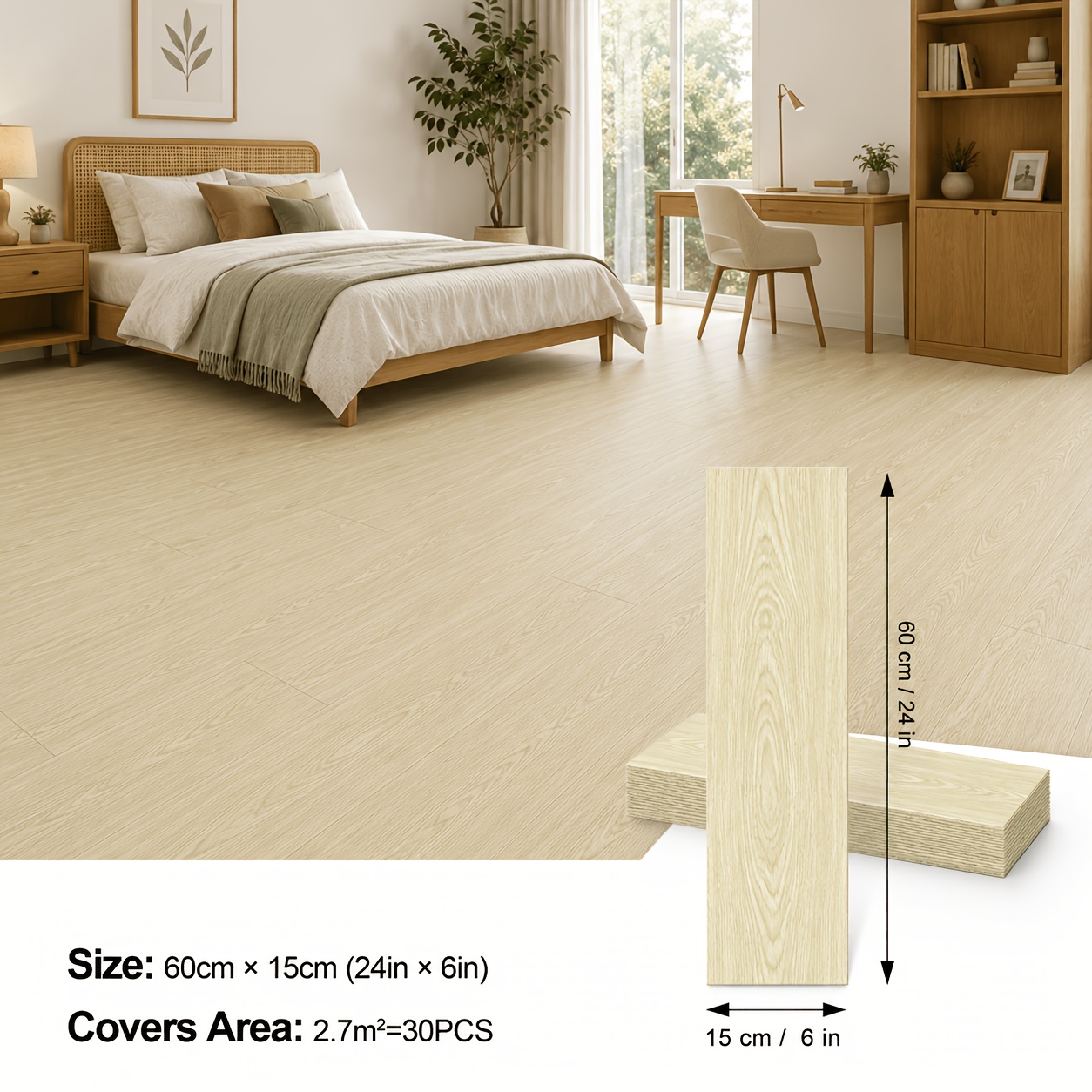 Image of 30pcs Peel And Stick Pvc Vinyl Flooring Planks, Self-adhesive Wood Grain Floor Tiles, Water Resistant Easy-clean Flooring For Home Bedroom Living Room, 15 X 60cm