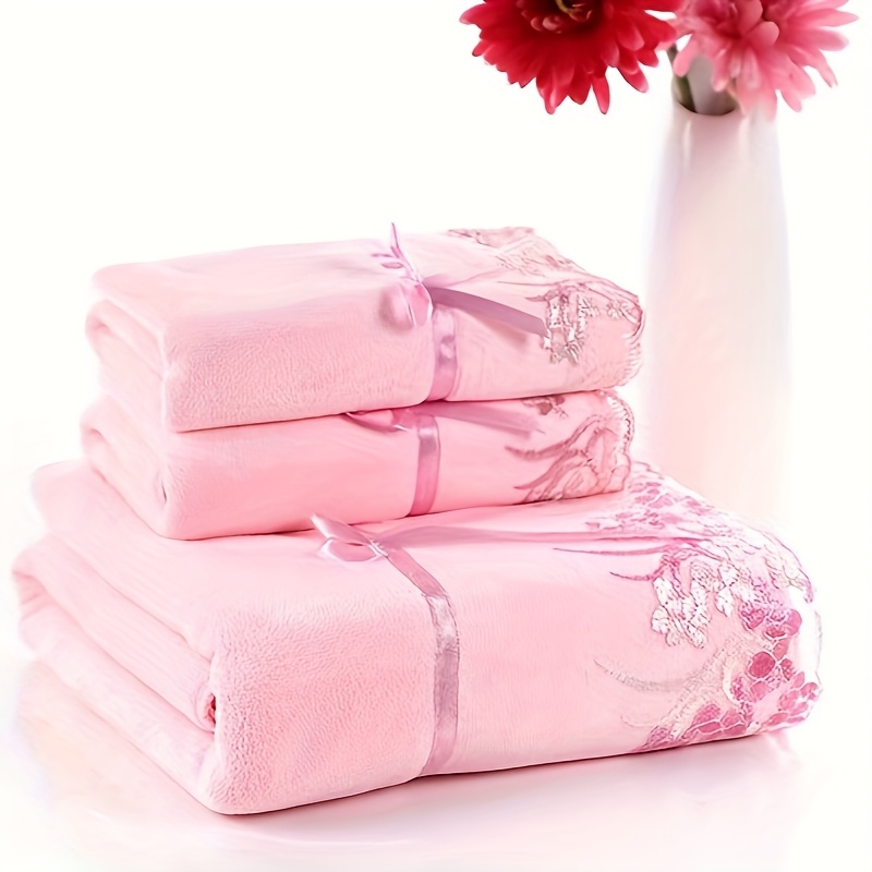 TEMU Ensemble de serviettes de luxe 3 pièces en dentelle brodée, serviette en microfibre, comprenant 2 serviettes douces pour et 1 serviette de bain,