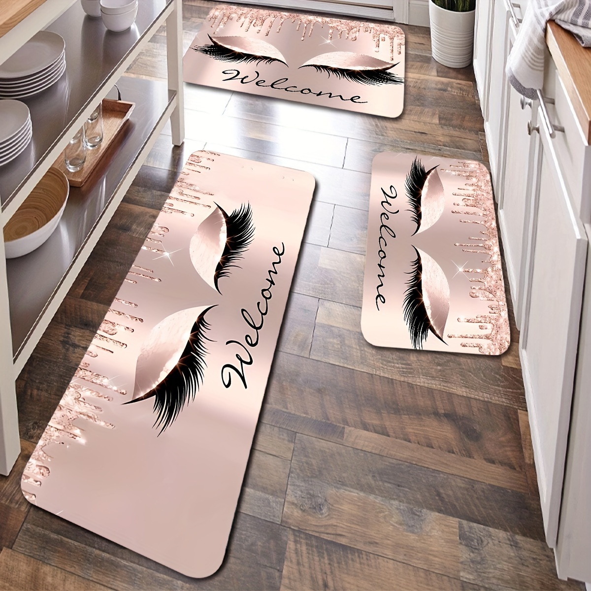 1pc pink eyelashes letters pattern polyester vinyl material kitchen rug anti slip absorbent mat anti   kitchen carpet for kitchen home office sink laundry room details 2