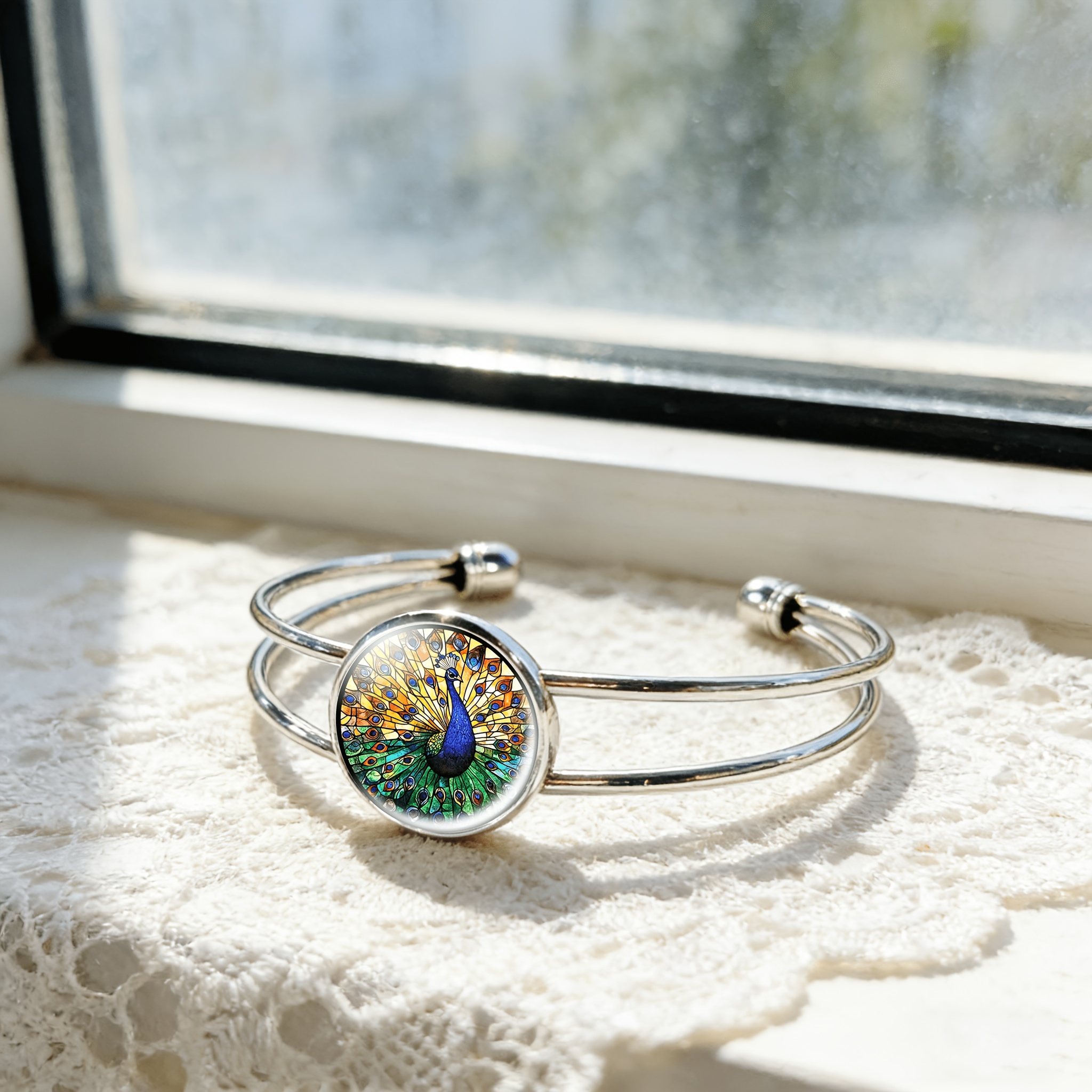 Adjustable Open Bangle with Round Time Gemstone Inlay