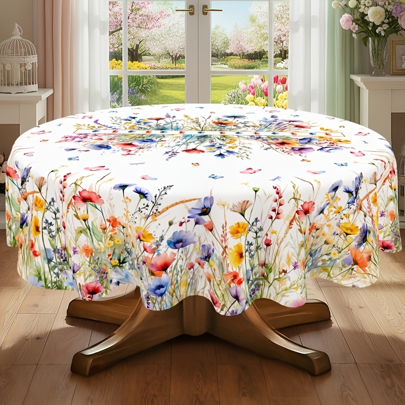 TEMU 1pc Round Tablecloth Suitable For Weddings & Birthdays - Print Table Cover, Machine-made Durable Fabric With Spring Summer Outdoor Garden