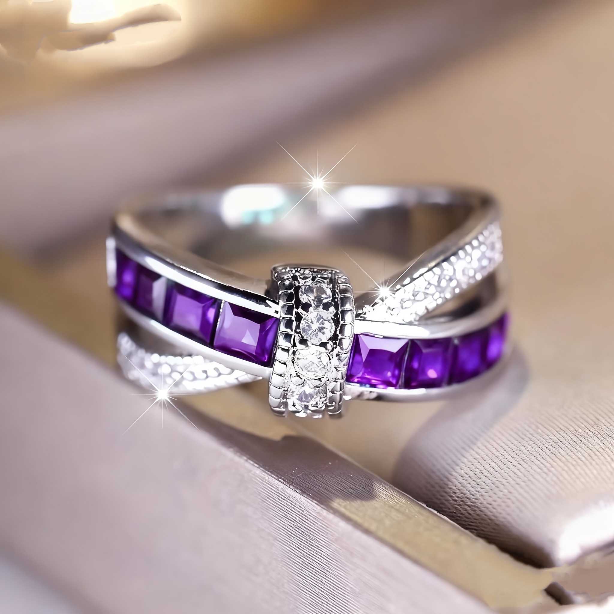 Image of 1pc Elegant Inlaid Synthetic Cubic Synthetic Synthetic Zircon​​ Purple Ring, Wedding Engagement Ring, Unisex Daily , Holiday Casual Versatile Jewelry