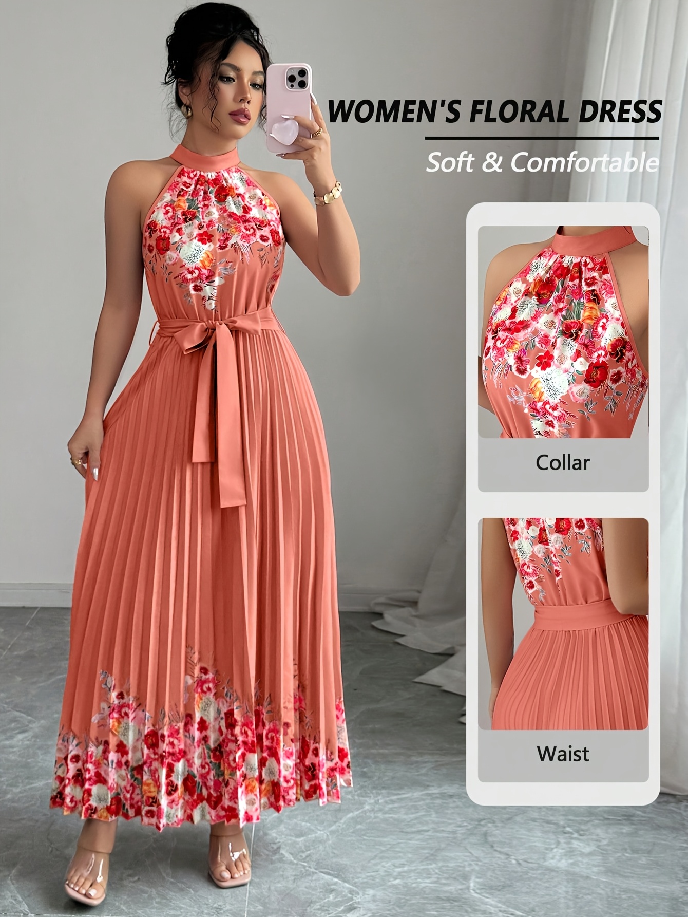 Fashionable New Women'S Summer Halter Floral Print Pleated Dress