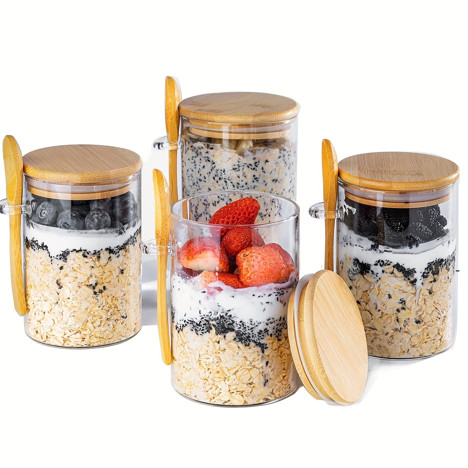 

4-pack Of Oatmeal Cups, Oatmeal Container With Lid And Spoon, 16 Oz Overnight Oatmeal Jar, Meal Prep Container, Glass Meal Container With Lid, Glass Jar With Lid, Chia Pudding Yogurt Salad Cereal