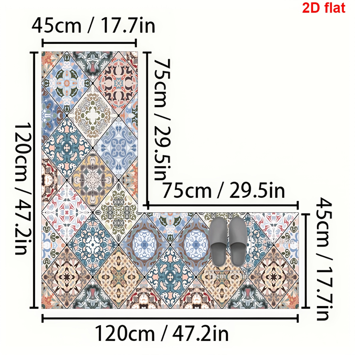 TEMU 1 tappeto da cucina piatto 2D a forma di L, tappetino da bagno con motivo vintage, tappeto da cucina a forma di design a piastrelle boh矇mien,