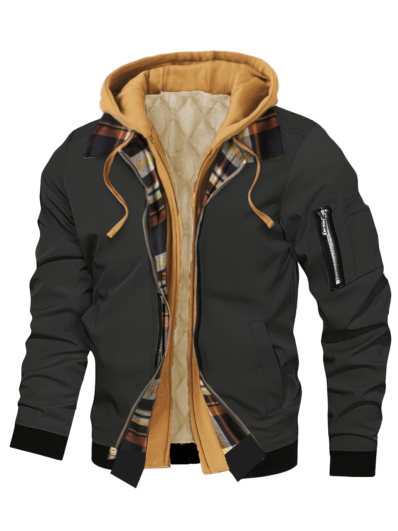 Alternative view of Chaqueta deportiva de peluche para hombre con gorra, chaqueta con cremallera y bolsillos, ideal para invierno