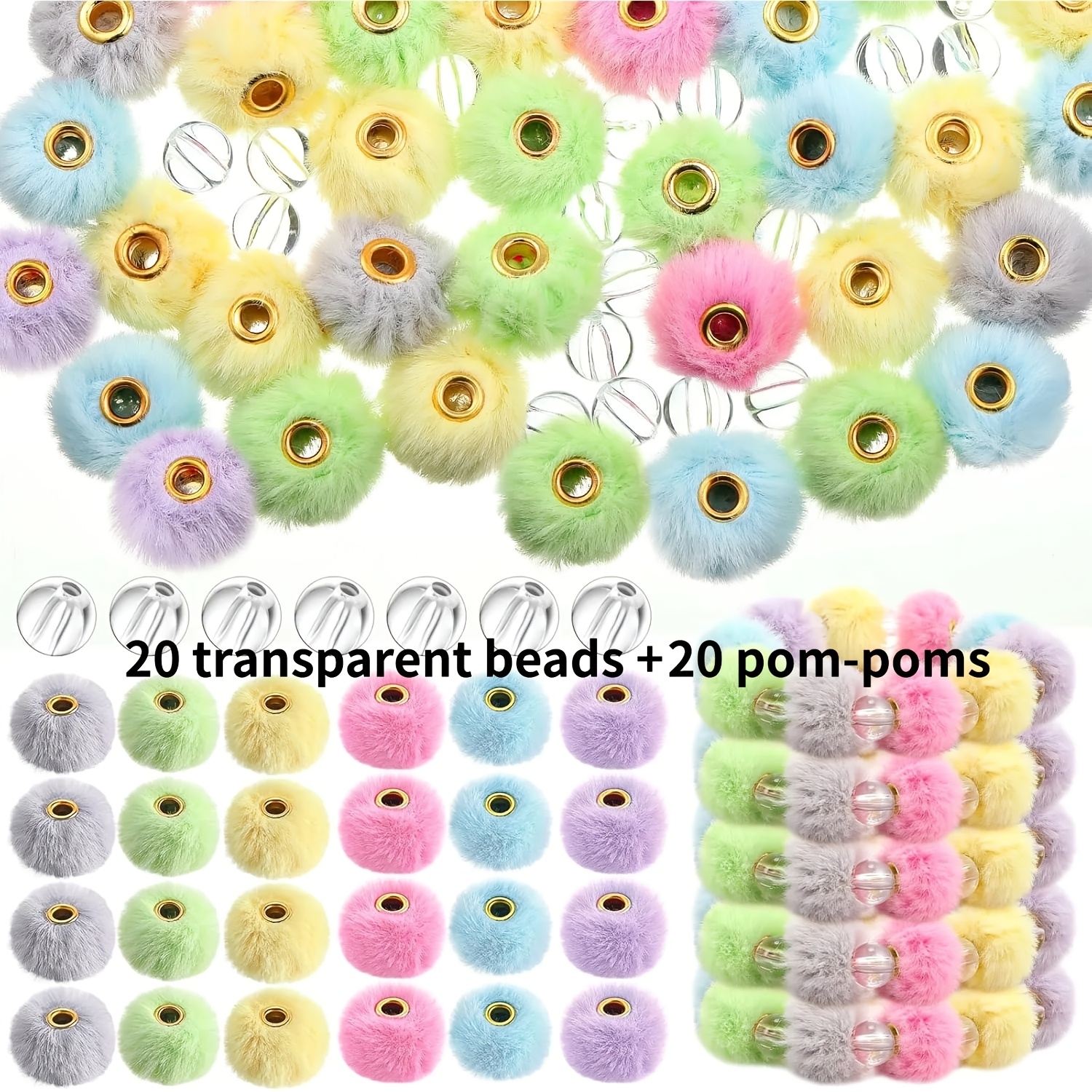 40 Plush Balls+ Transparent Separator Beads Set, Pencil Case, Keychain, Bracelet, Soft And Fluffy Colorful Decoration, Creative Gift