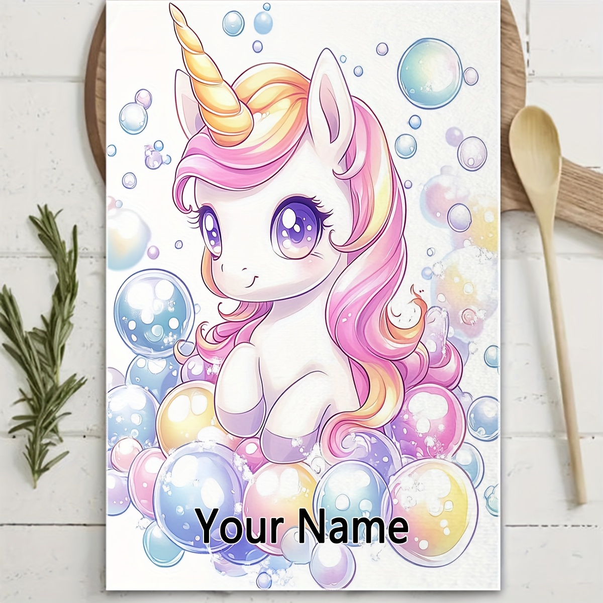 TEMU Customizable, 1pc, Face Towels, With Customizable Text, Cute Chibi Unicorn Surrounded By Pattern Towel, Used For Kitchen, Gym, Fingertip Towel,