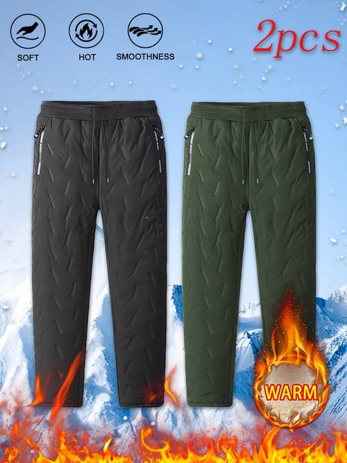 rose obm 2pcs mens pants set winter cold proof fleece lined long pants thickened snow pants for outdoor loose straight leg windproof pants for young and middle aged men outerwear 2025 new style casual pants cold resistant outdoor