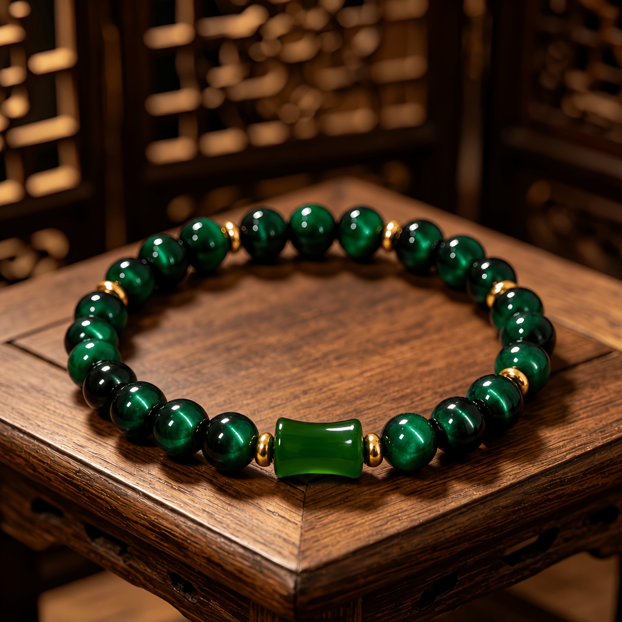 TEMU 1pc Dark Green Chalcedony Bamboo Rayon-joint Beaded Bracelet, Solid Color With A Vintage And Elegant Vibe. The Beads Are Polished To ,