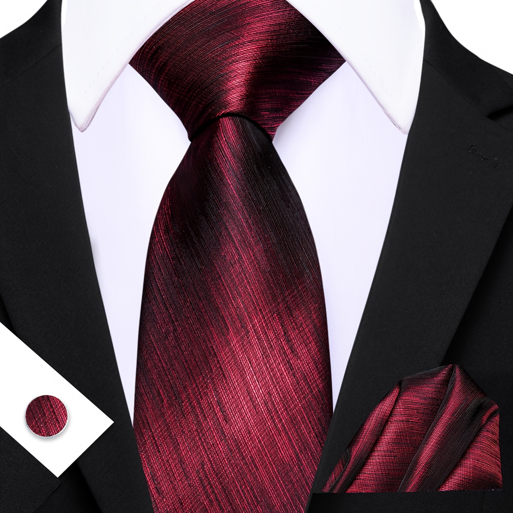 Men's Red Necktie With Matching Pocket Square & Cufflinks - Solid Color Business Dress Accessory, Elegant Formal Party Wedding Suit Tie For Professional Attire -
