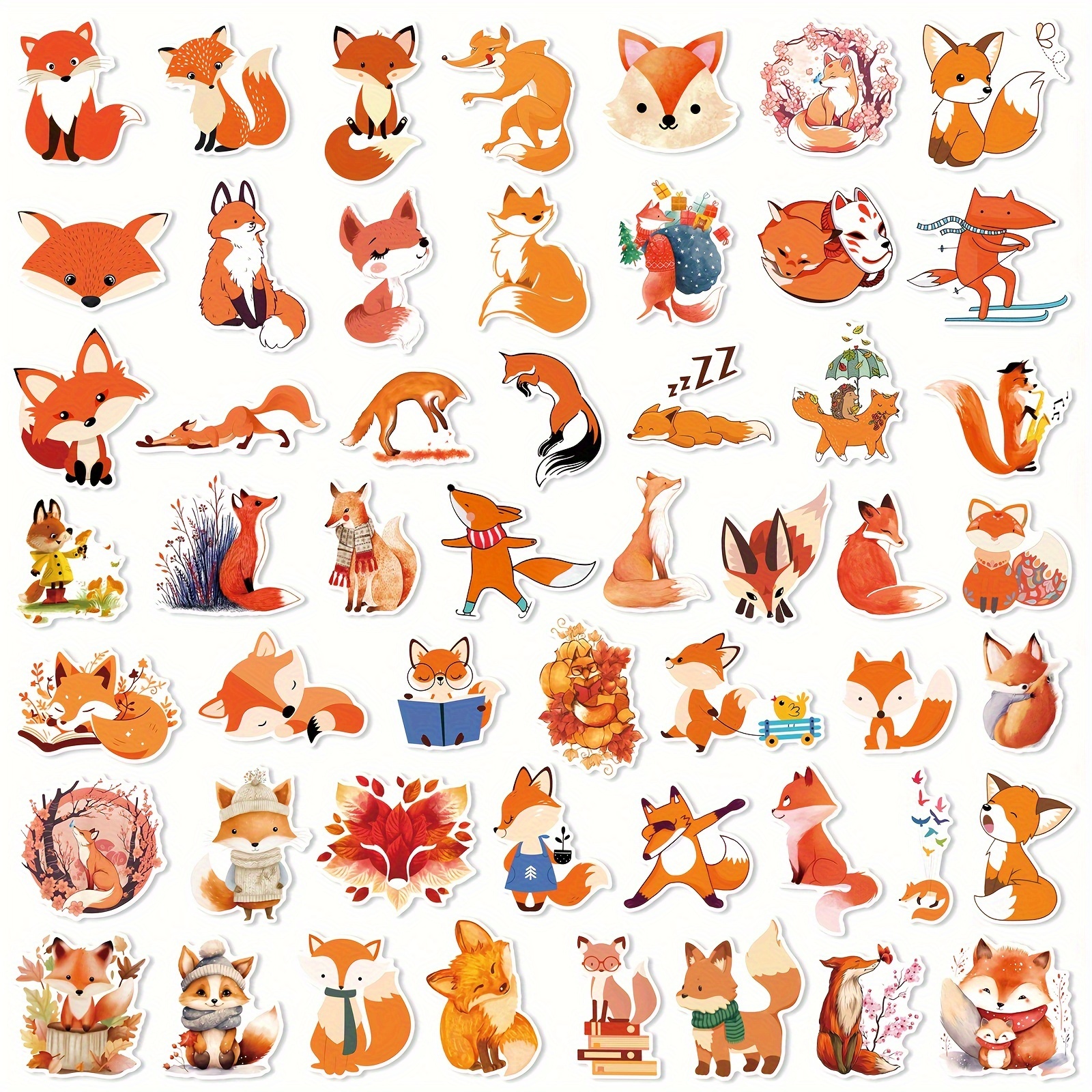 50pcs Cute Fox Vinyl Stickers, Decals For Laptops, Skateboards, - Mixed Colors Cartoon Art