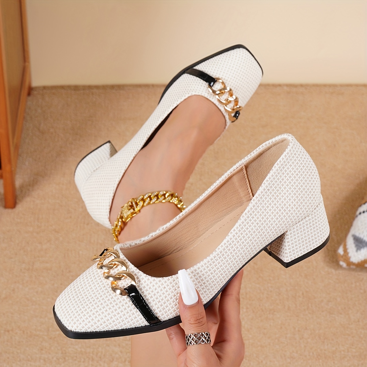 femmes mode blanc carré bout bloc talon plat détail boucle Temu