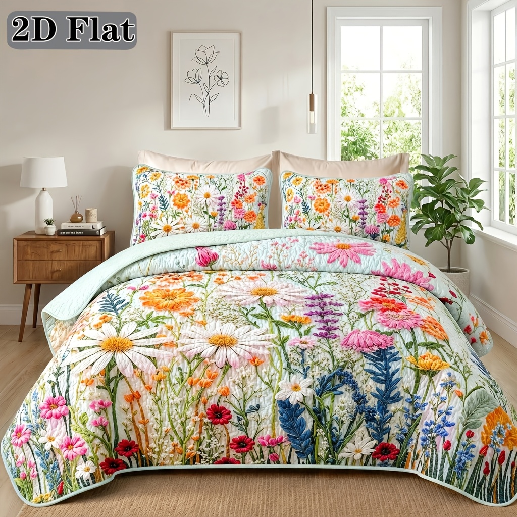 TEMU 2/3pcs Floral Printed Quilted Bedspread Set, Skin-friendly Soft & Breathable Versatile Coverlet, Wrinkle Resistant, Machine Washable For ,