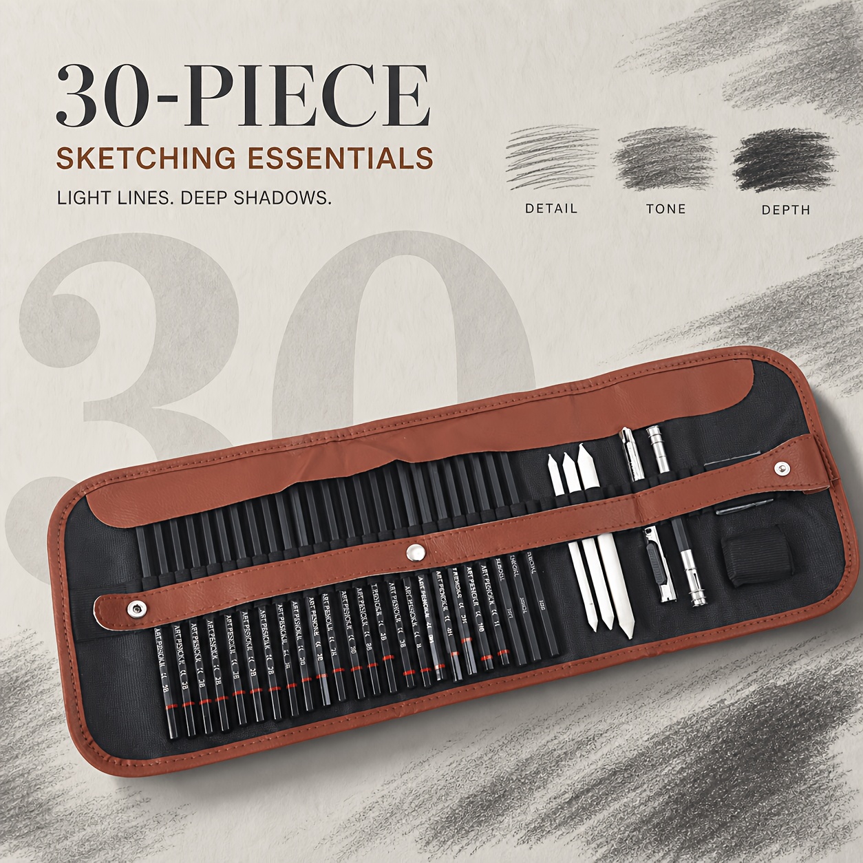 30pcs Professional Sketching Pencil Set Complete Drawing Kit With Graphite Charcoal Pencils Blending Eraser Pencil Extender And Roll-up Case For Shading Blending Sketching Illustration