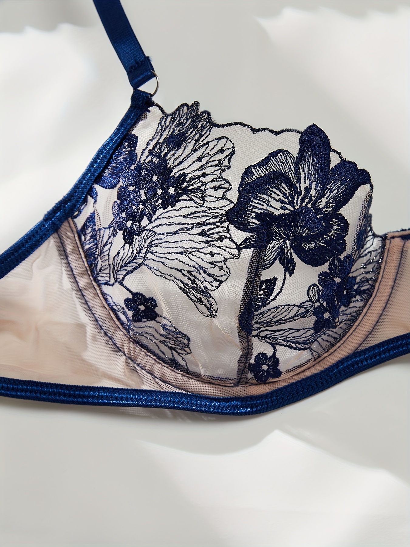 Navy Blue Sheer Floral Lace Lingerie Set With Bralette and Thongs -   Finland