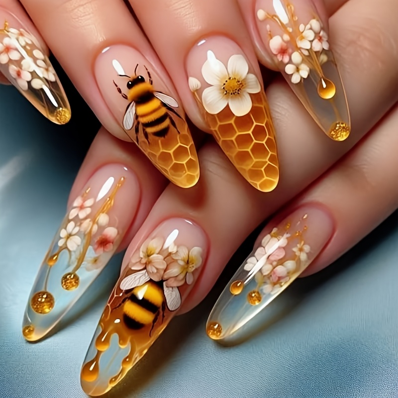 TEMU 24pcs Spring And Summer Floral Bee Cute Fashion Press-on Nails, Perfect Vacation Gift, Versatile Daily Fake Nails, Fresh And