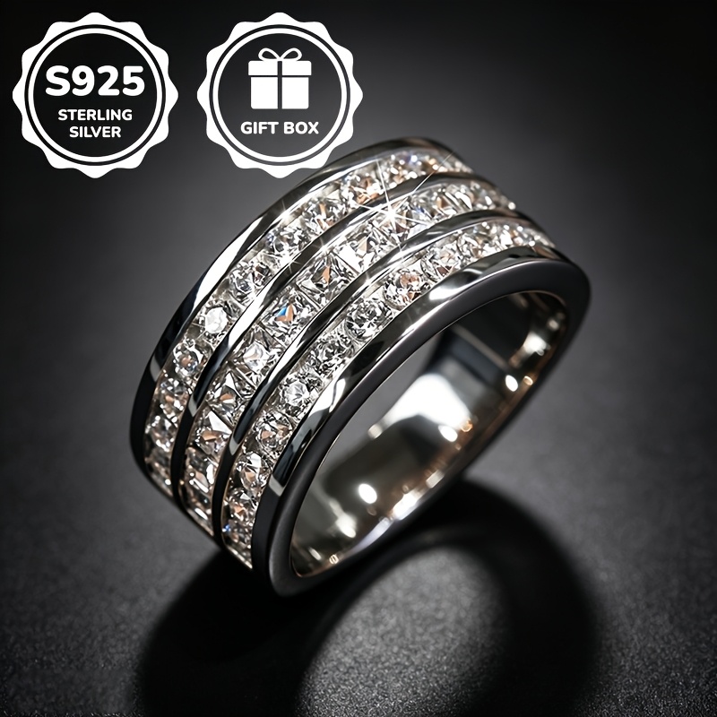 Image of 1pc S925 925 Silvery Plated 3 Row Synthetic Cubic Zirconiaia Ring, Unisex, High Quality Jewelry, Size 6, Proposal Engagement Ring, Suitable For Daily Casual And Banquet Party Wear