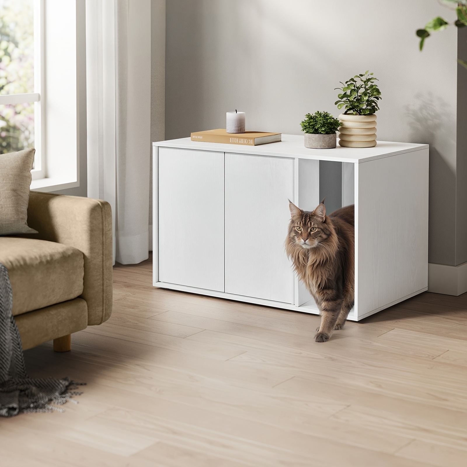 E-shop Großes modernes Katzenklo- mit versteckter Katzentoilette – Werkzeuglose Montage, Druck-zu-Öffnen-Türen, multifunktionales Katzenhaus &
