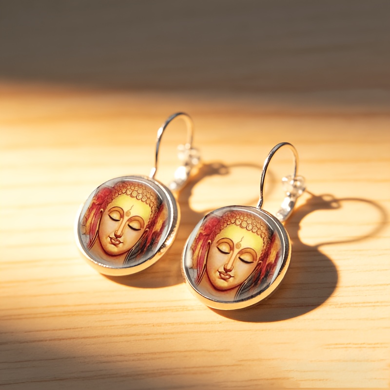 2pcs Buddha Meditation Round Glass-Inlaid Earrings Set