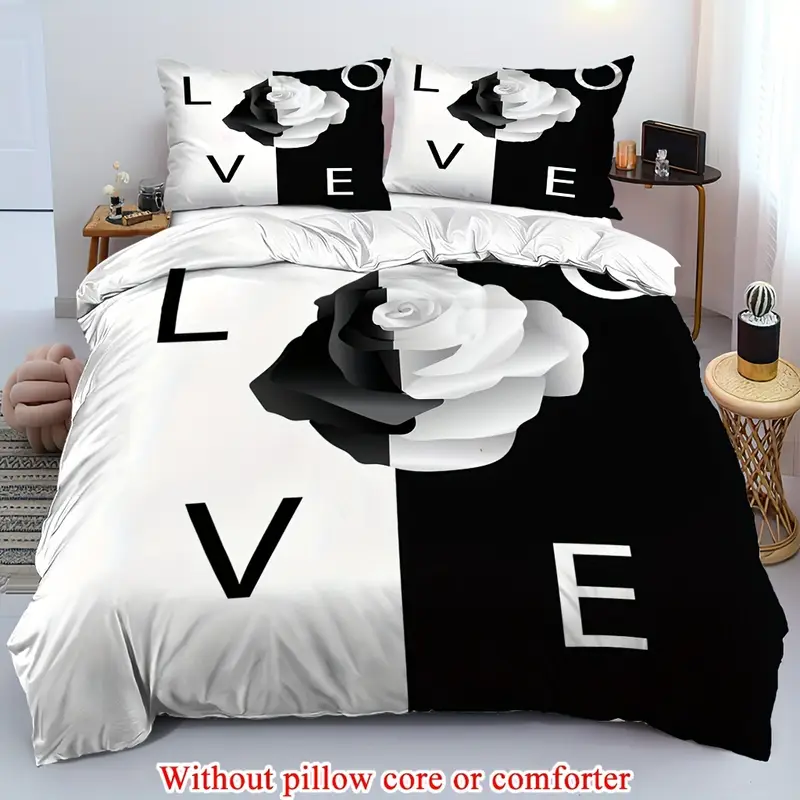 2 3pcs 1 duvet cover 1 2 pillowcase without and white background rose flowers romantic valentines day lover couple 3d print soft comfortable bedding set for bedroom dorm room family gift Product details 0