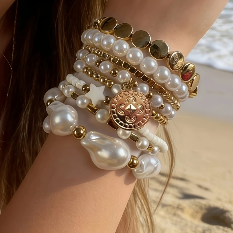 TEMU 8pcs Set Of Unique Bohemian Baroque Pearl Elastic String Beaded Bracelets, Multi-layered And Stackable, With Round Ccb Pendants, Suitable For