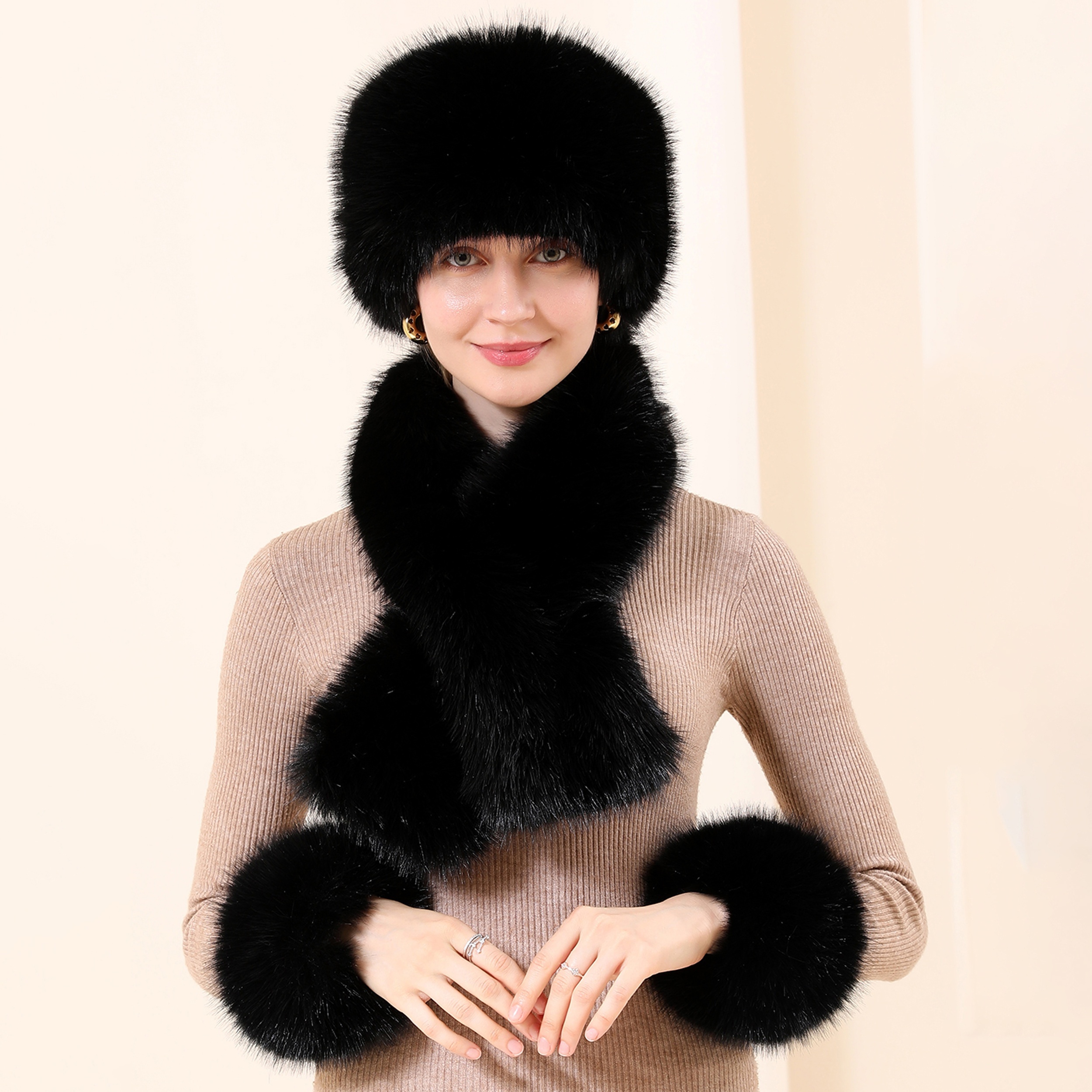 

Chic 3pcs Winter Set For Women: Cozy Fur Beanie, Scarf & Wrist Cuffs - Stretchy, Lightweight Knit Accessories In Multiple Colors