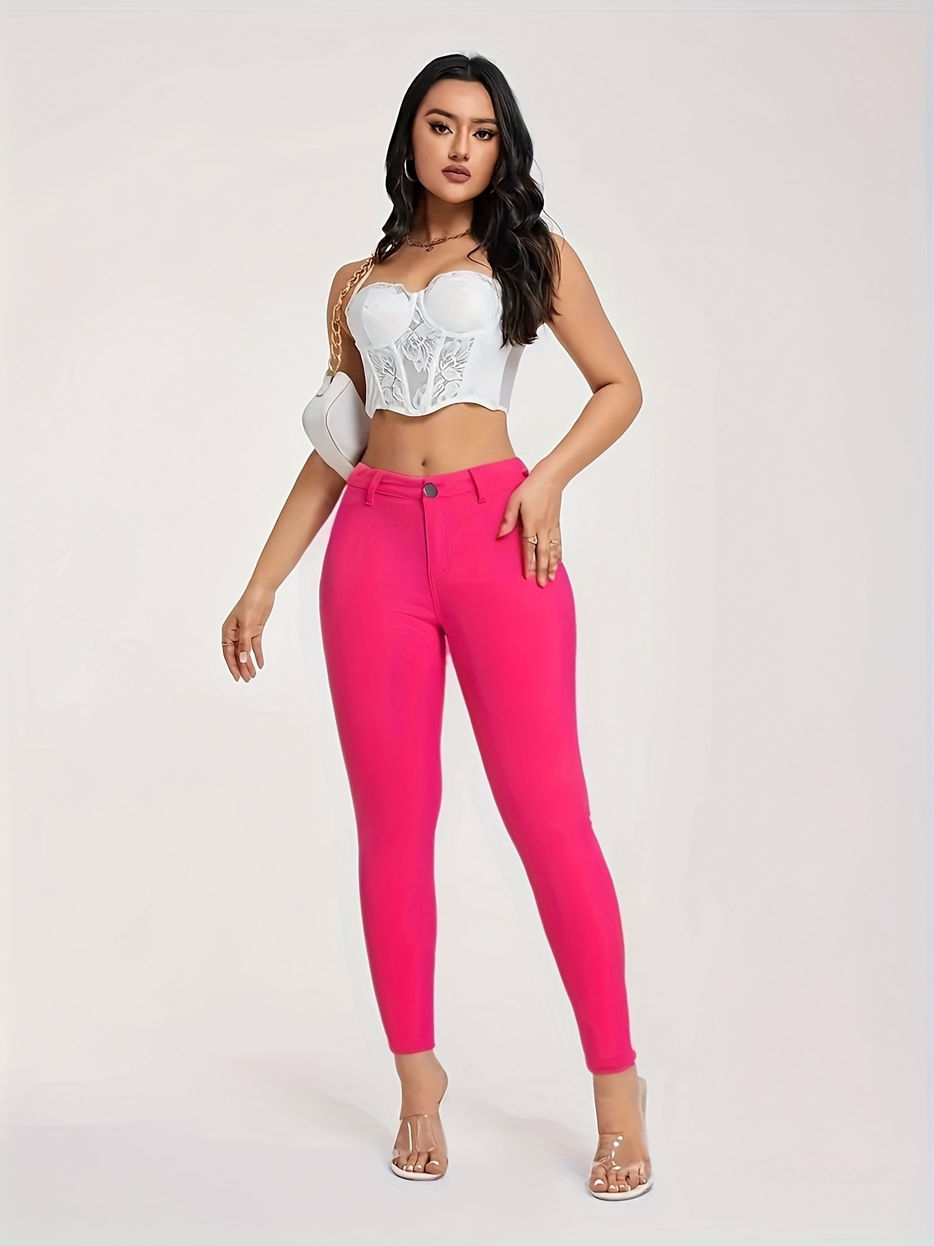 aw25 womens high waisted pink skinny jeans elastic waistband