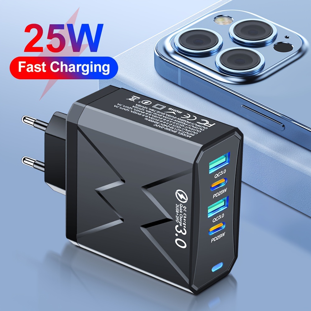 

1pc, 25w Usb-c Fast Charger With 2 Usb-a Ports, European Plug, High Power Adaptive Charging Block, Quick Charge 3.0, Compact Design, For Smartphones And Tablets - Model Bk302-2a2c