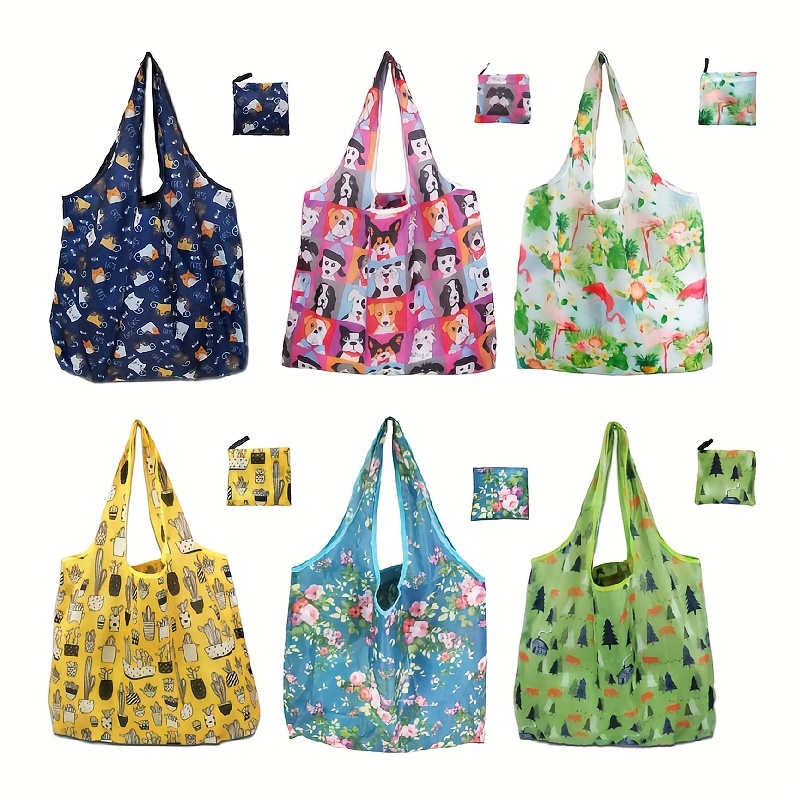 TEMU Set Of 6 Foldable Shopping Bags, Lightweight Nylon Portable Shoulder Tote, Reusable, Large Capacity For , And Washable Fashion