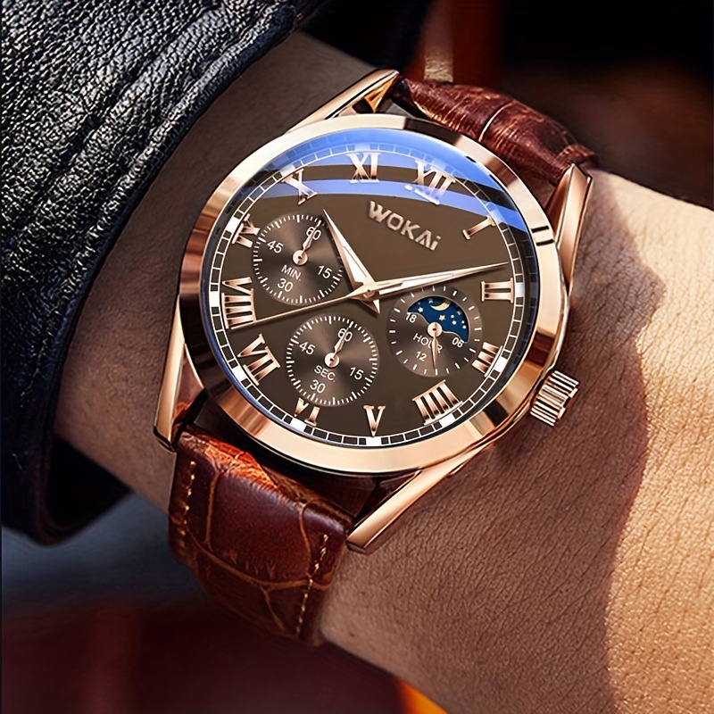 fashion mens sports watch brown faux leather strap quartz non waterproof battery powered electronic drive alloy case pointer display button battery 0