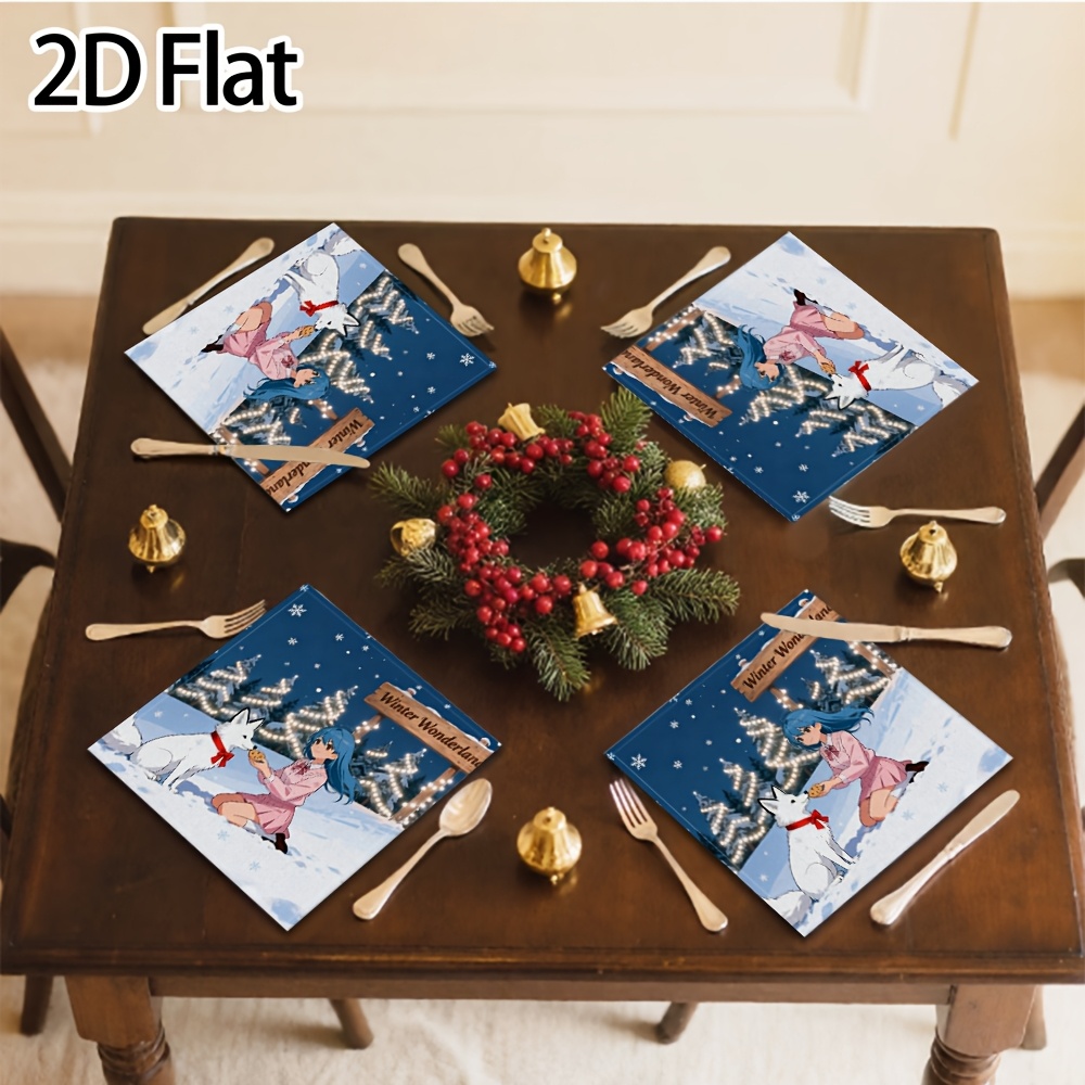set de 4 bucăți, imprimare 2d plată, șervețele pătrate din pânză cu temă de crăciun nouă 2026, șervețele din pânză cu model imprimat     anime tărâmul minunilor de iarnă, șervețele multifuncționale din țesătură, șervețele în stil  , șervețele de gură, decorațiuni de masă,  