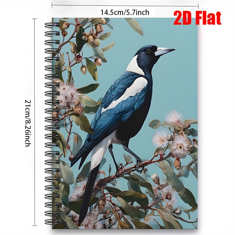 TEMU 1pc Personal Organizers [2d]flat Australian Magpie Perched On Eucalyptus Notebook, Lined 100 Pages Journal For Nature Observation, Bird Watching