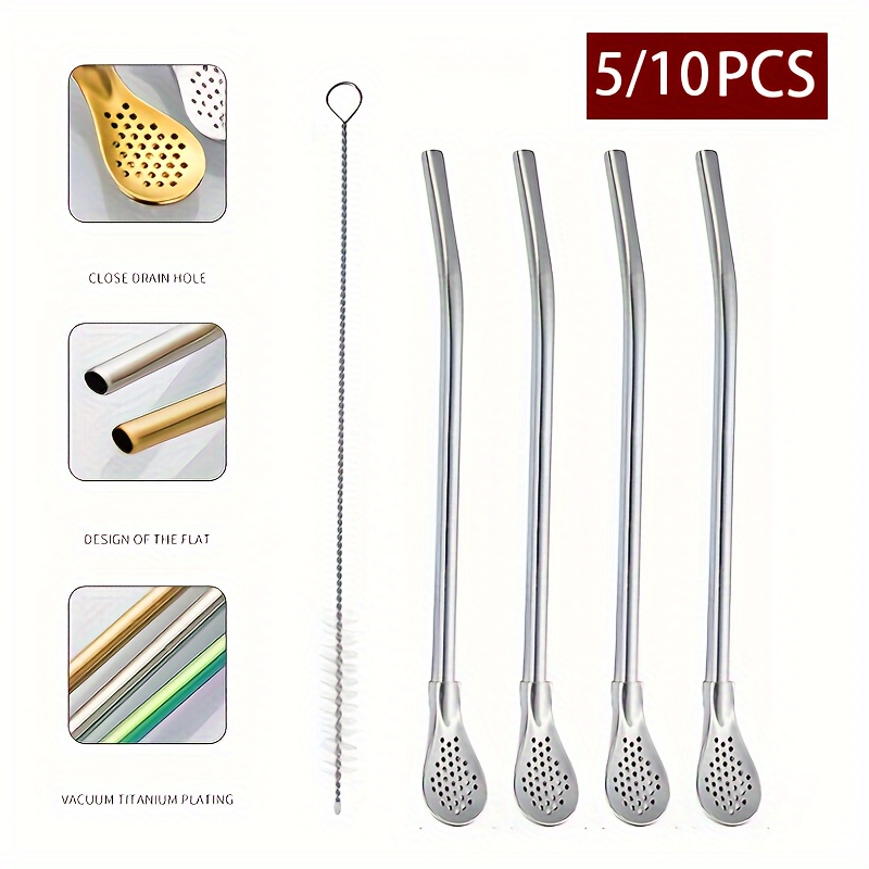 

5/10pcs Stainless Steel Straw Set - , Multi-functional Straws And Spoons With Detachable Cleaning Design, Juice Filtering, Stirring Spoon, And Straw Brush - Complete Drinkware Accessories And Kitchen