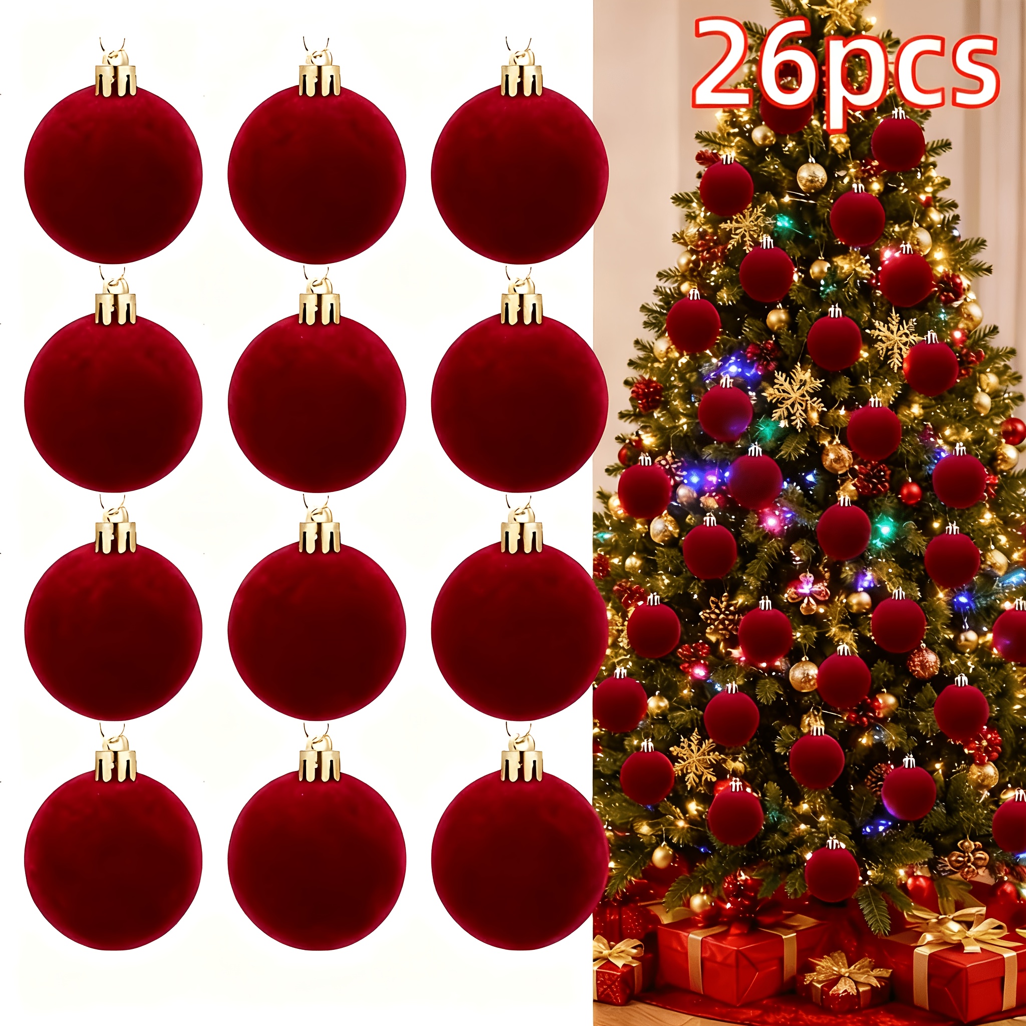 TEMU 26 boules de Noël en velours , décorations d'arbre - Choix parfait pour Halloween, Thanksgiving, les anniversaires et , suspensions en plastique