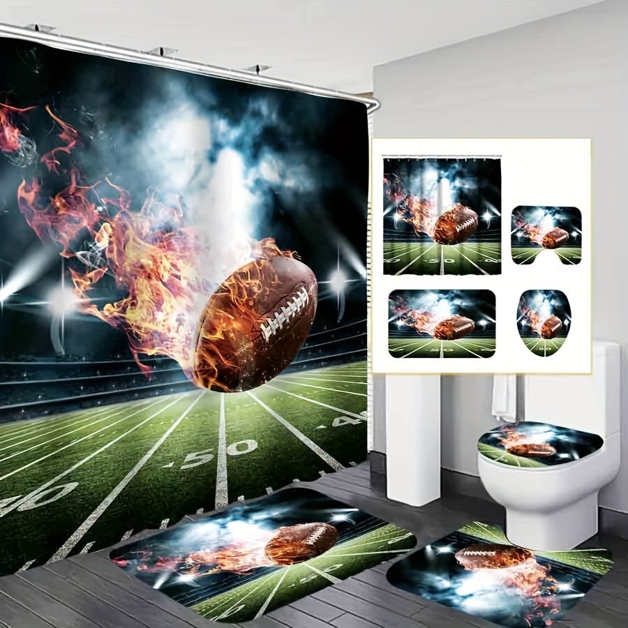 

1/4pcs Rugby Printed Shower Curtain Set, Waterproof Shower Curtain With 12 Hooks, Non-slip Rug, Toilet Lid Cover Pad And U-shaped Mat, Bathroom Accessories, Modern Home Bathroom Decor