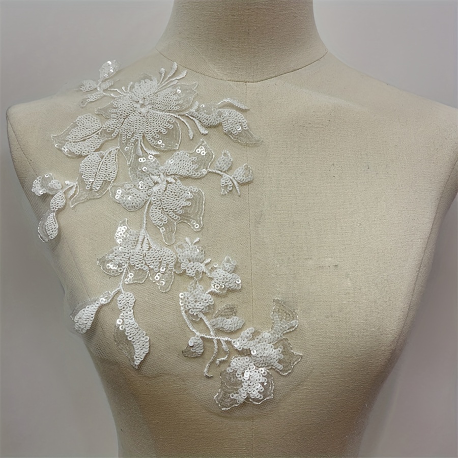 

White Lace Appliqué Design, Floral Sequin Embroidery, Mesh Fabric Decoration For Diy Crafts And Clothing Accessory