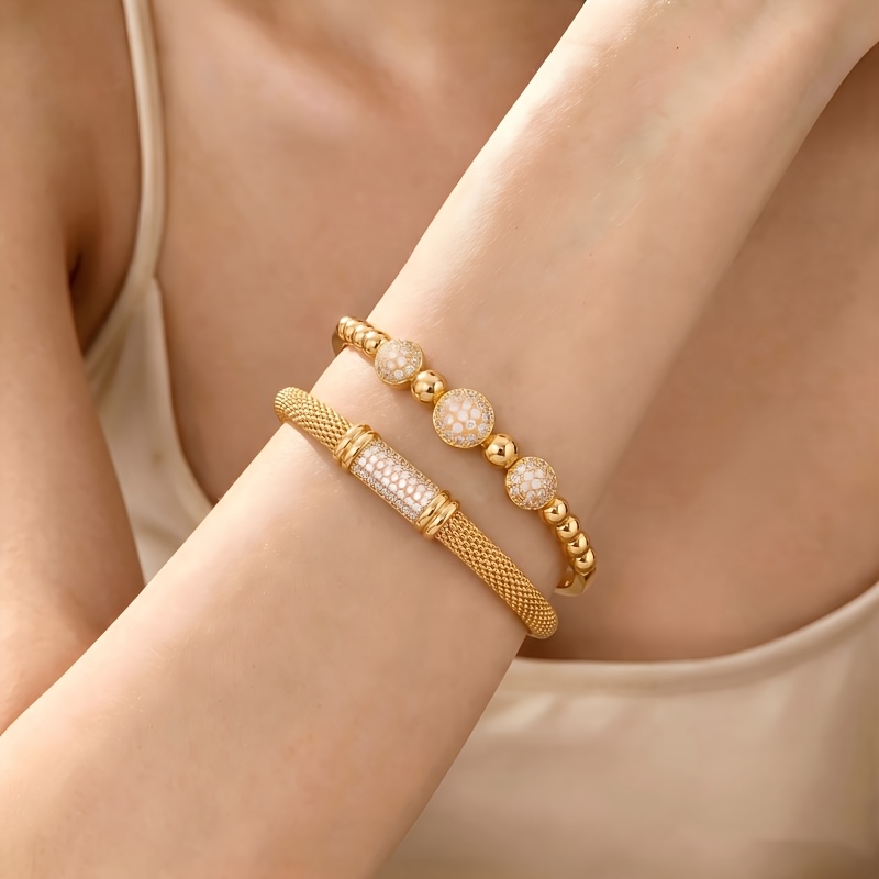 2pcs Gold-Tone Stainless Steel Bangle Set, Pavé Zirconia Detail