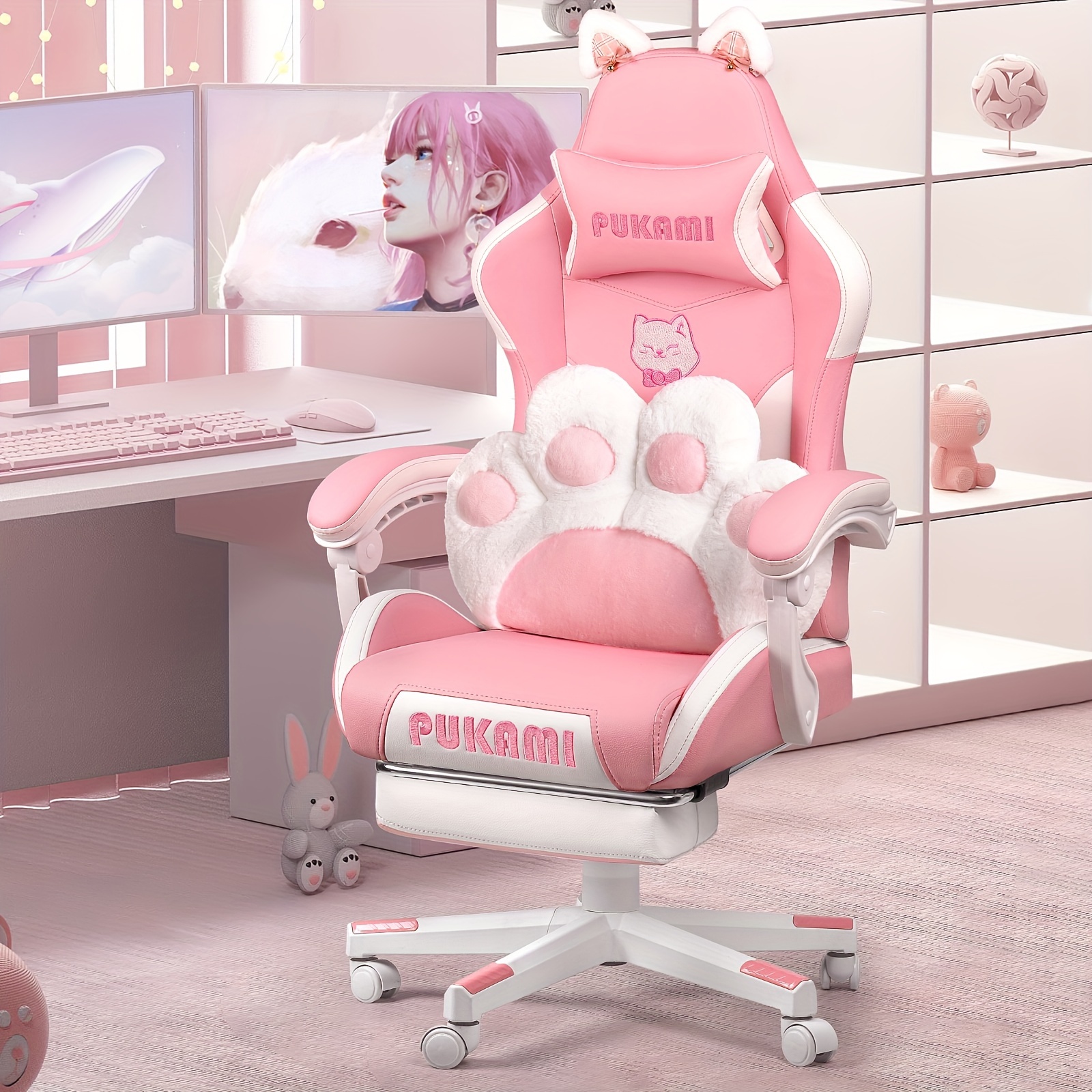 

Pink Gaming Chair Cute With Cat Ears Paw Lumbar And Cushion, Reclining Pc Game Chair For Girls, Ergonomic Computer Chair With Footrest, Computer Chair 300lbs For Adult