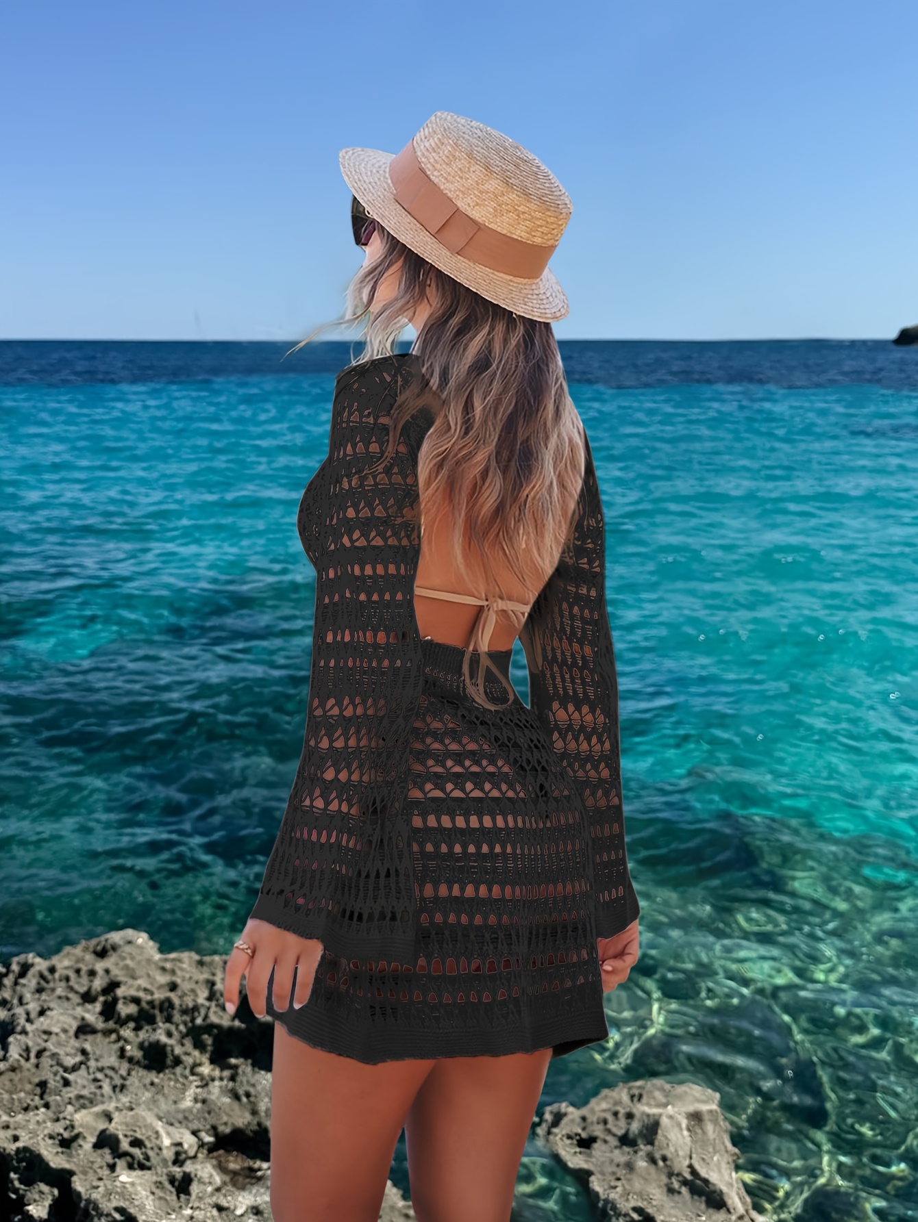 Beachwear Long Sleeve Crochet Beach Cover Up Xysaqa Women's Long
