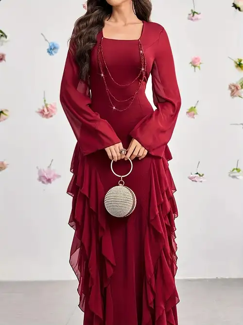 A Long, Elegant And Romantic Dress for Spring And Summer with * Neckline And * Edges, Featuring a Luxurious Burgundy Color, Chiffon Bell Sleeves, And Layered Ruffles on * A Long, Elegant And Romantic Dress for Spring And Summer with * Neckline And * Edges, Featuring a Luxurious Burgundy Color, Chiffon Bell Sleeves, And Layered Ruffles on *