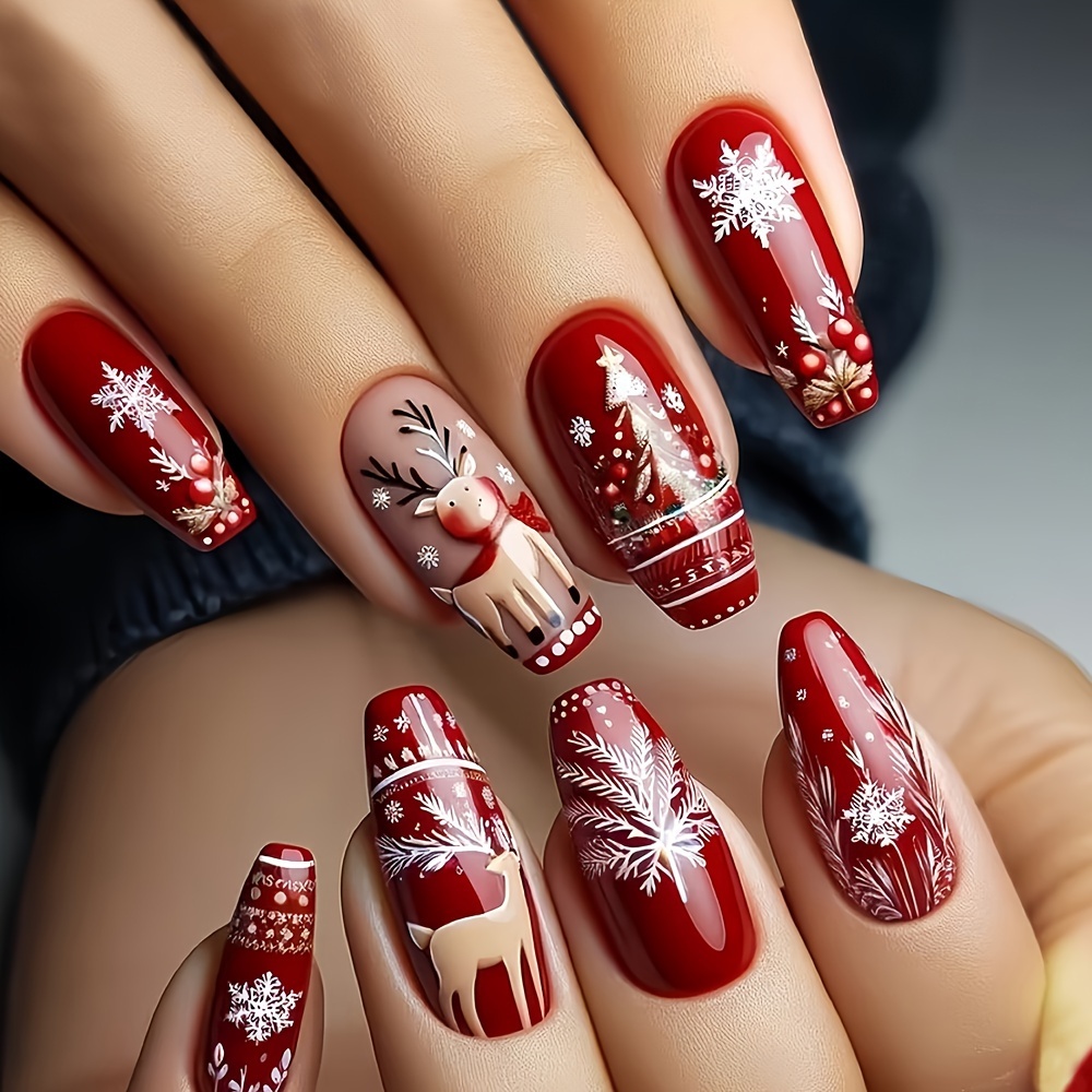 

24pcs Christmas Press-on Nails Set - Red With Reindeer & Design, Medium , Includes Jelly Adhesive & Nail File - Holiday Parties &