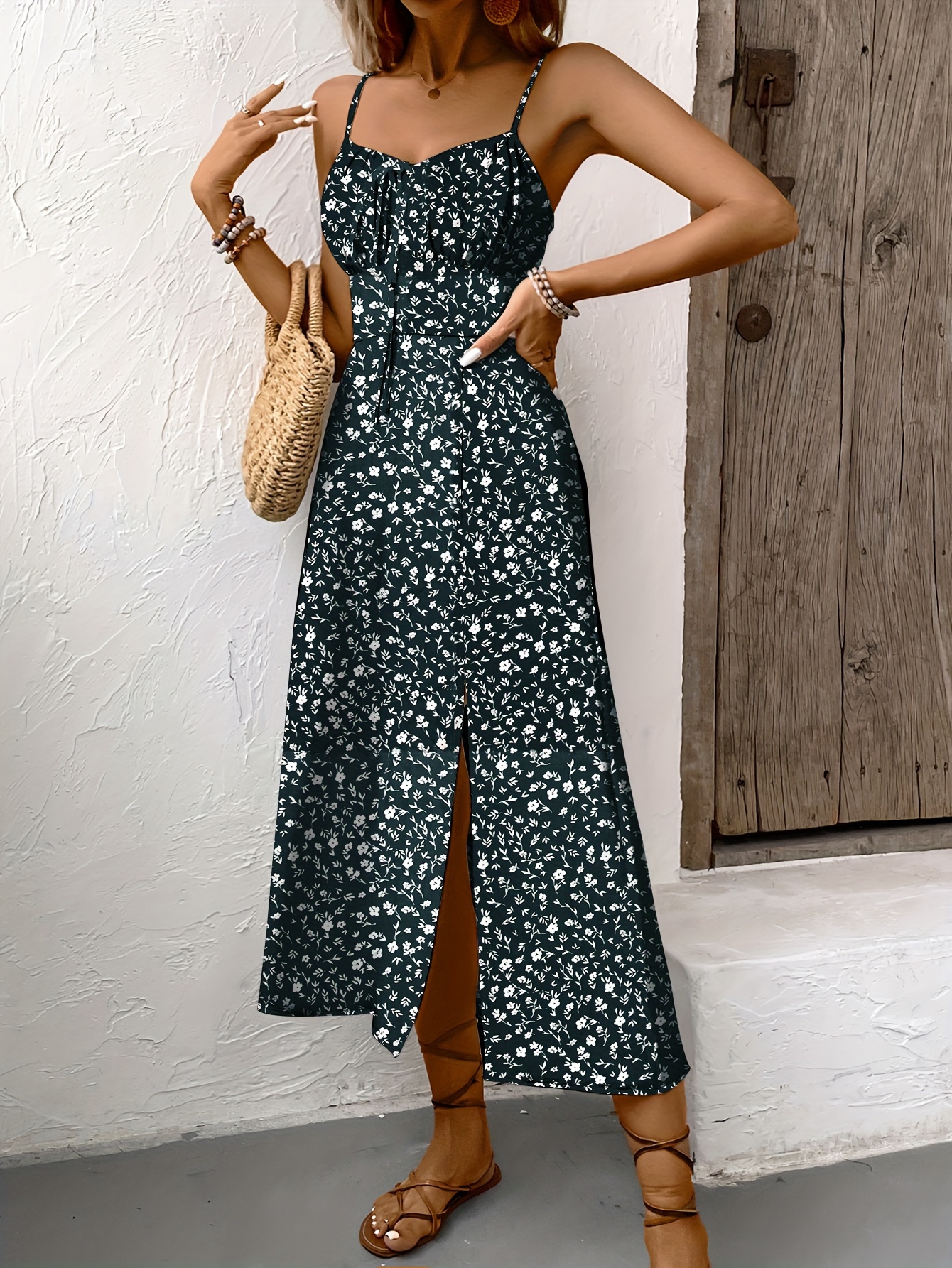 floral print backless slit cami dress - Temu Georgia