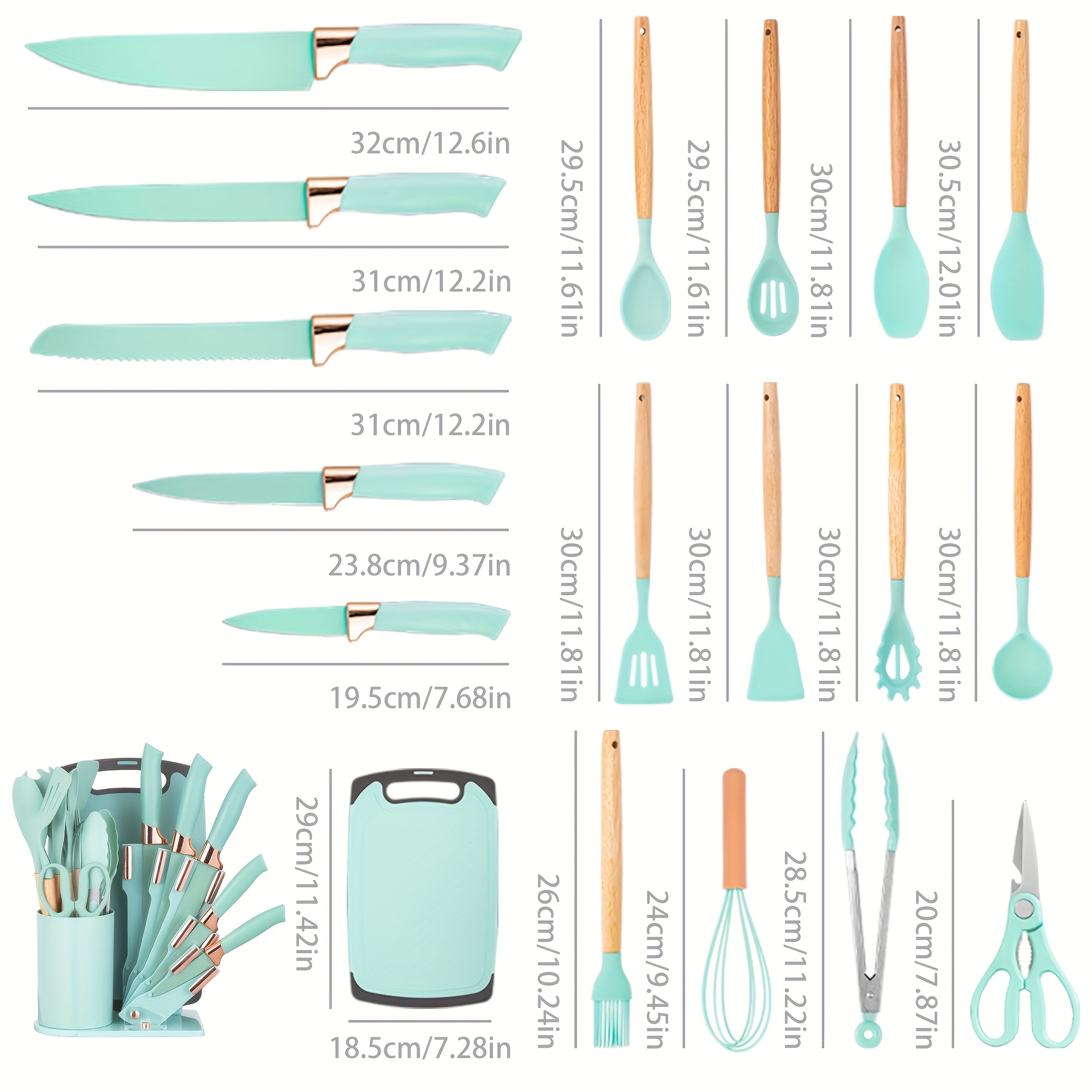 19pcs Kitchen Knife And Utensil Collection, Featuring a Nonstick Black Knife Set with Wooden Grips, Silicone Cooking Tools, a Cutting Board, Scissors, And a Holder, Ideal Gift for Parents