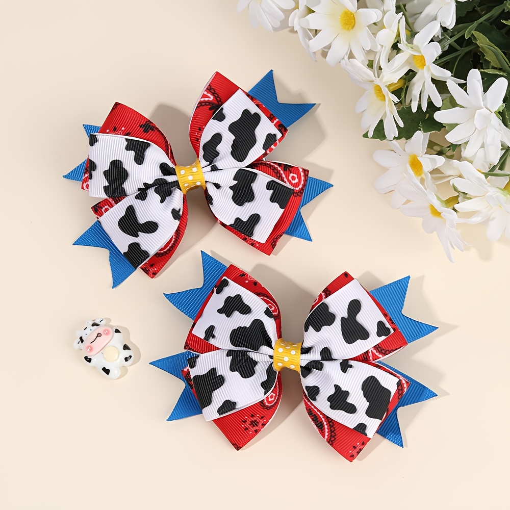 

2pcs Western Style Cow Print Hair Bow Clips For Girls, Casual Polka Dot Barrettes With Alligator Clips, Non-woven Polyester Teen Hair Accessories