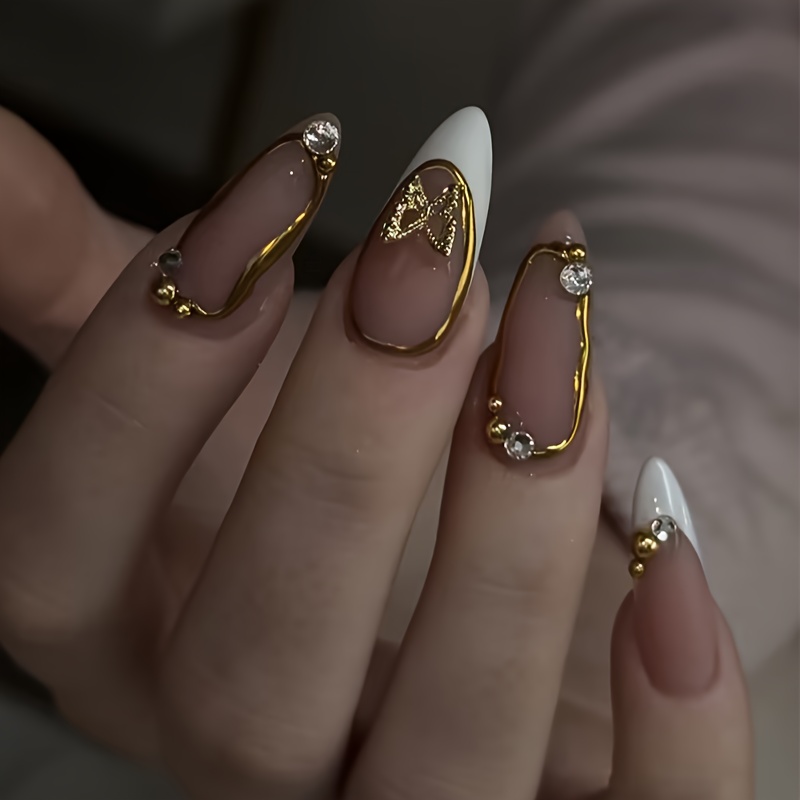 TEMU 24pcs White Nail Tips Fake Nails Short Almond Shape Glossy Pink Golden Nude False Nails - Golden Tips With Decoration, Elegant Manicure For