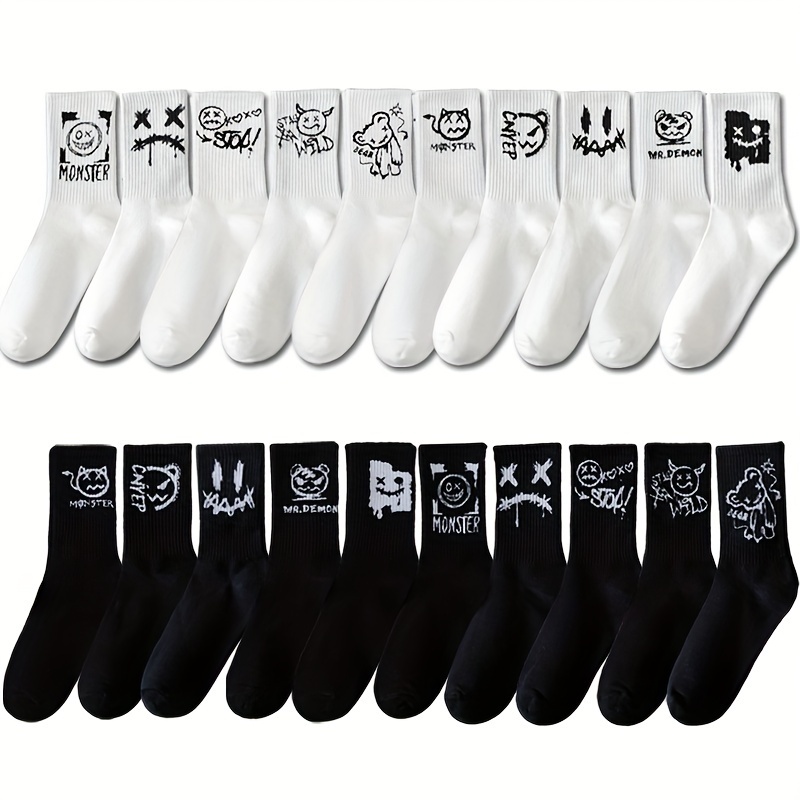 

3/5/8/10 Pairs Of Men's Trendy Graffiti Pattern Crew Socks, Breathable Comfy Casual Unisex Socks For Men's Outdoor Wearing