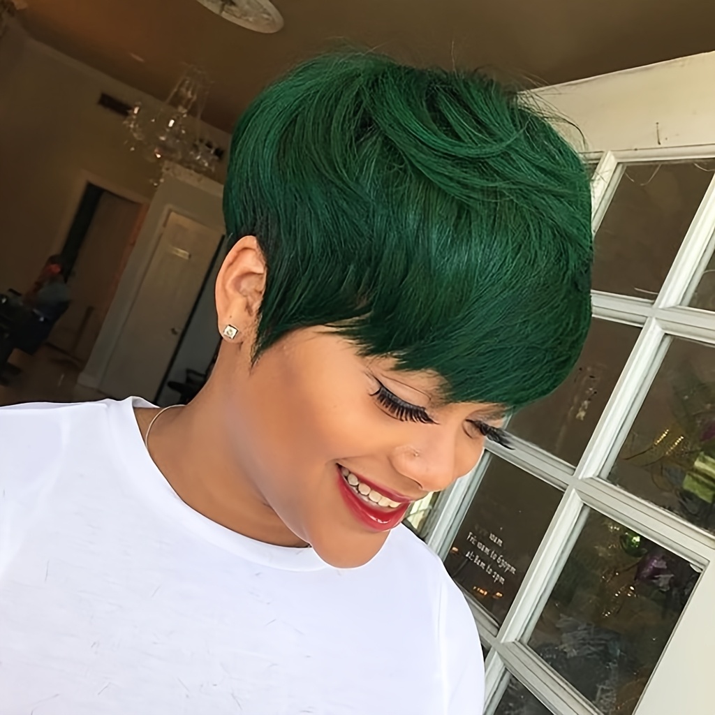 TEMU Mixed Green Hair Wig Black And Green 2 Tones Hair Wigs For Women Synthetic Short Bangs Wigs Short Haircut Wigs For Christmas Day