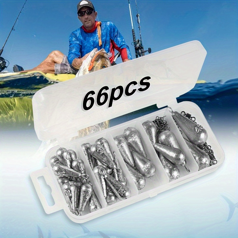 Image of A 66pcs Box Set Of Water Drop Sinkers And Fishing Tackle Clips, Featuring Sizes Of Sinkers